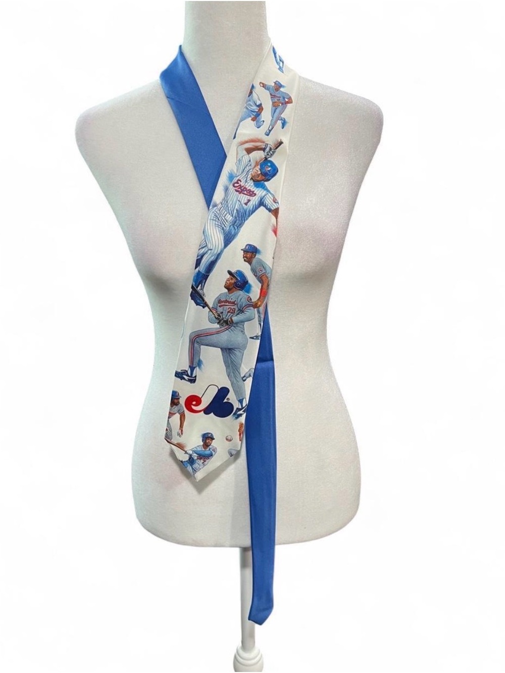 Vintage ‘91 Montreal Expos Blue and White Baseball Print Polyester Tie